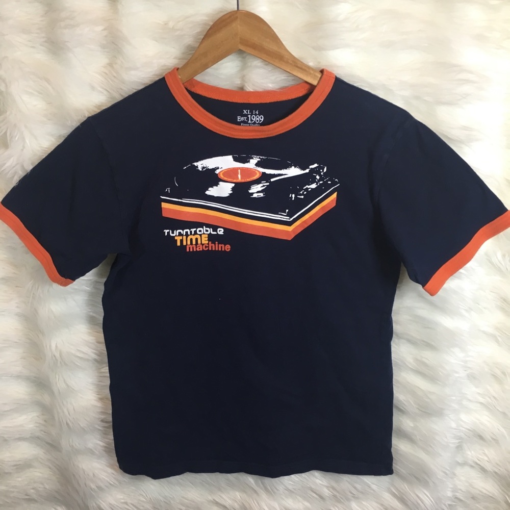 Turntable Ringer Graphic Tee Navy & Orange Sz XL